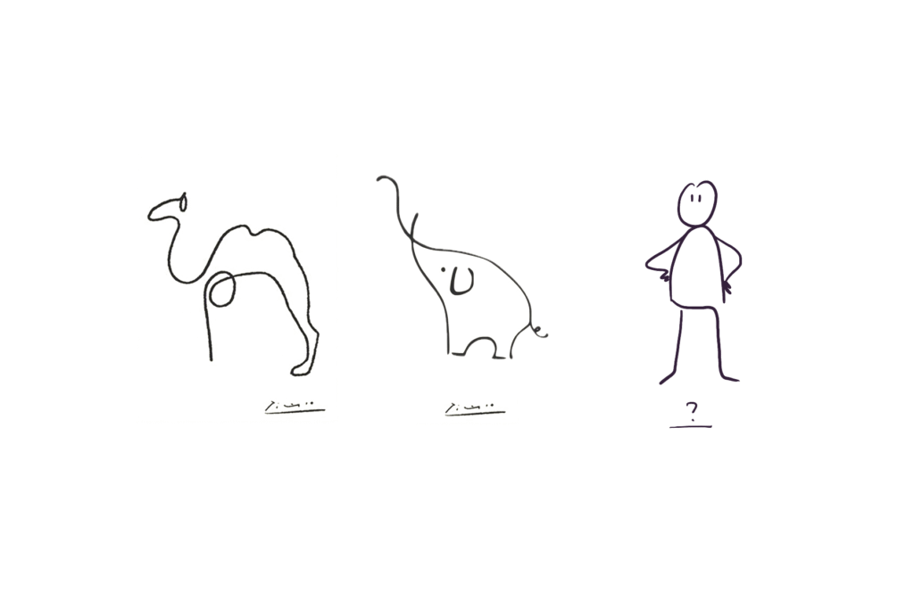 Comparaison inspirante entre les dessins au trait unique de Pablo Picasso et les personnages sketchnoting contemporains. Démonstration visuelle que la simplification artistique est une recherche d'efficacité, pas un manque de compétence. Montre la filiation entre l'art moderne et le sketchnoting.