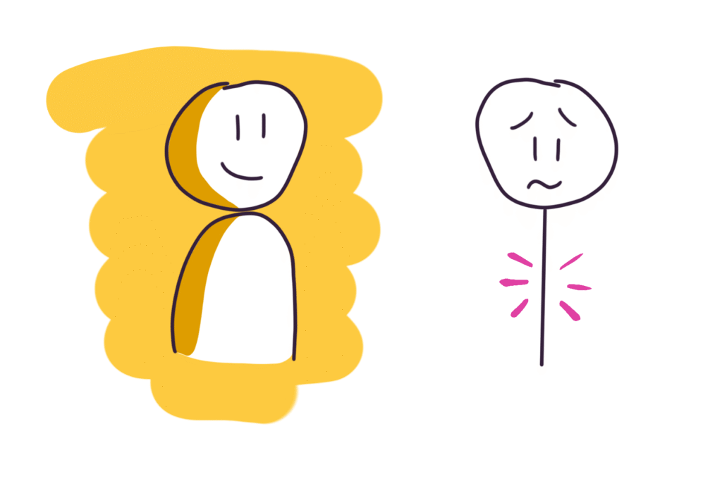  Comparaison visuelle montrant deux techniques pour le tronc des personnages sketchnoting : le trait vertical simple (déconseillé, barré d'une croix rouge) versus le U inversé (recommandé, validé par un coche vert) qui crée plus d'harmonie et d'équilibre visuel.