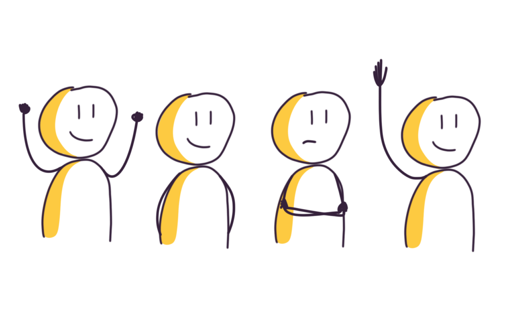 Série de personnages sketchnoting démontrant comment la position des bras transforme l'expression émotionnelle : bras en V pour la joie, bras le long du corps pour la neutralité, bras croisés pour la réflexion, un bras levé pour l'interrogation. Chaque personnage est étiqueté avec son émotion correspondante.