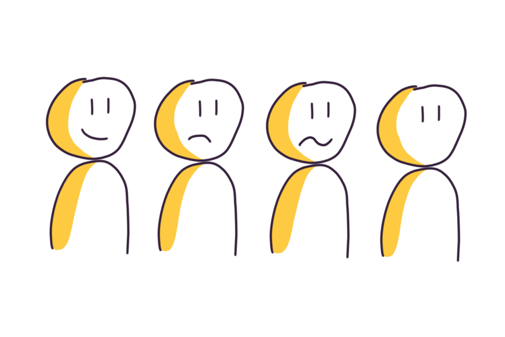 L'espressione du visage qui donne du dynamisme au personnage de sketchnoting. On a 04 étapes sourire, tristesse neutre et concentration. 